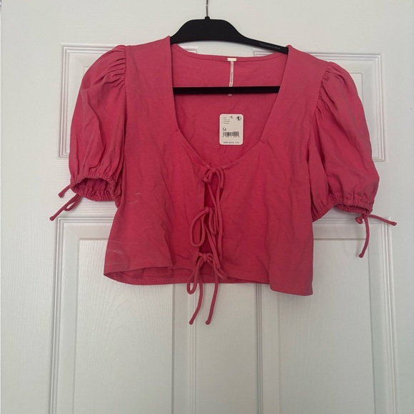Free People Pink Puff Sleeve Tie-Front Top - Picture 1 of 4